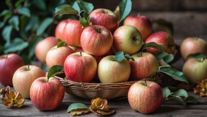 Freshly Harvested Organic Apples in a Rustic Setting with Green Leaves and Decorative Floral Accents on Wooden Background