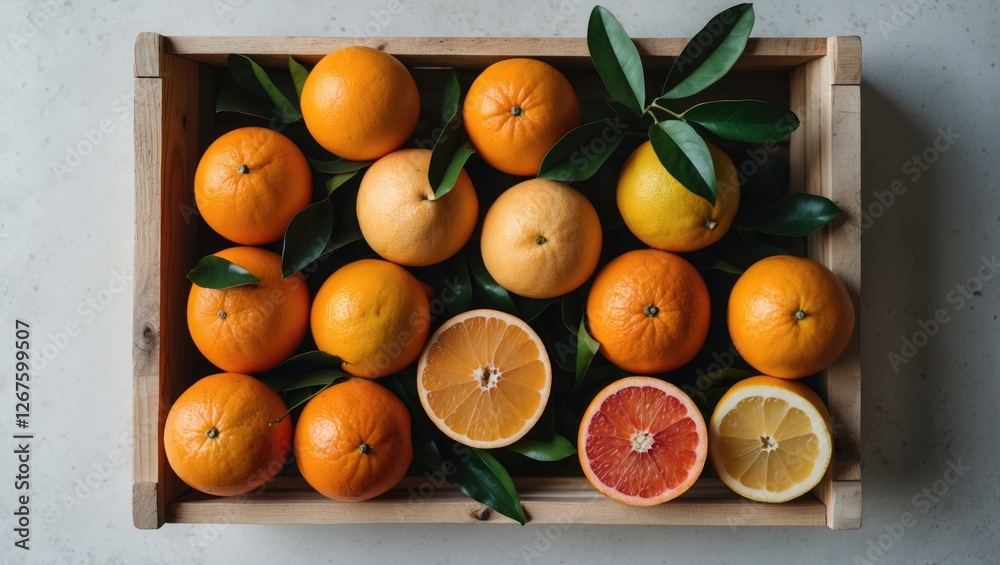 Poster citrus fruits arrangement in wooden crate with green leaves fresh oranges grapefruit and lemon on li