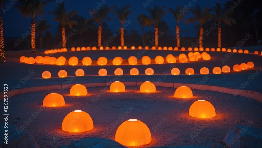 Poster illuminated orange lamps arranged in concentric circles against a dark night sky creating a serene a