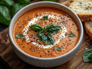 a bowl of tomato soup garnished with fresh basil leaves and a drizzle of cream, served with a side of toasted bread.