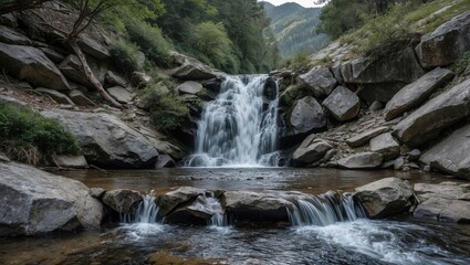 Obraz premium Mountain stream with cascading waterfall surrounded by rocks and trees offering serene nature landscape with space for text overlay.