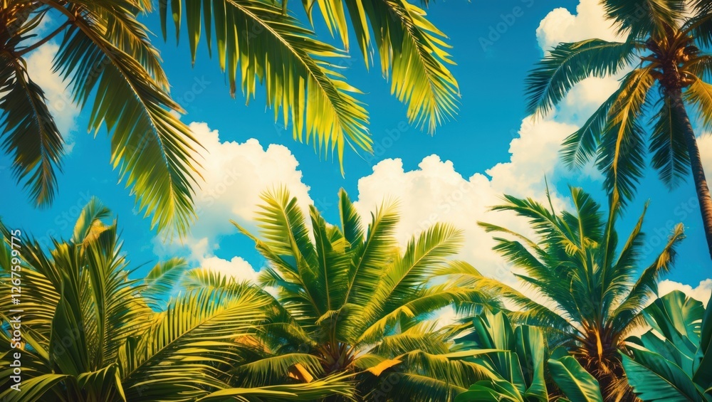 Aufkleber tropical palm leaf background with vibrant sky and clouds ideal for travel text or vacation promotio