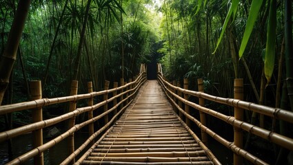 Obraz premium Lush Bamboo Bridge Leading Into Serene Forest Pathway Surrounded by Dense Greenery and Tranquil Atmosphere
