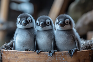 Fototapeta premium A Trio of Adorable Penguin Chicks Snuggled in Their Cozy Nest