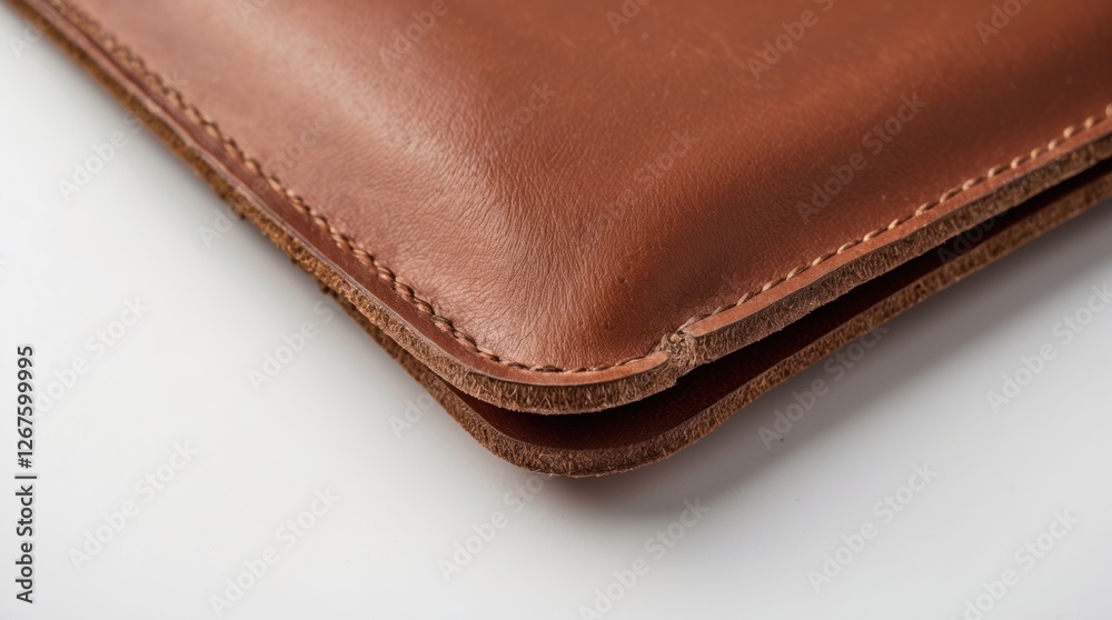 Poster close-up of the outer corner stitching of a brown leather product against a white background showcas
