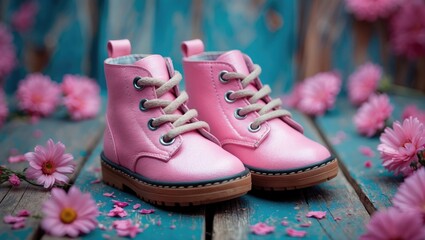 Baby Girl Cute Pink Boots Surrounded By Flowers On Rustic Wooden Background With Space For Text