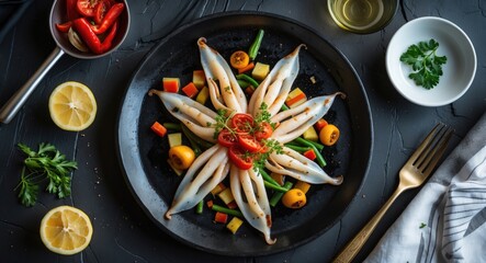 Baked Squid Arranged Beautifully with Fresh Vegetables on a Black Plate Gourmet Seafood Dish Top View with Space for Text