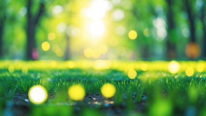 Obraz premium Sunlit grassy meadow with blurred background and bokeh effect creating a serene and tranquil atmosphere for outdoor scenery.