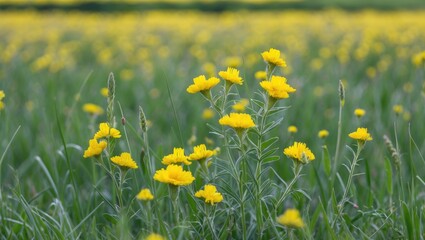 Fototapeta premium Yellow Wildflowers Blooming in Green Field Close Up Capturing the Beauty of Nature in a Serene Botanical Landscape During Springtime.