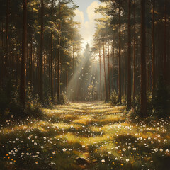 Obraz premium A serene forest clearing illuminated by soft sunlight, with wildflowers blooming on the grassy ground and tall trees casting long shadows.