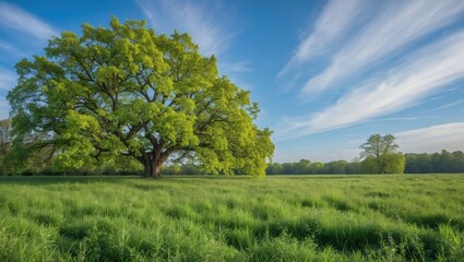 Obraz premium Lush Green Meadow Under Bright Blue Sky with Majestic Tree Showcasing Fresh Leaves and Serene Landscape in Natural Light