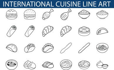 International Cuisine Line Art Diverse Food Icons Collection