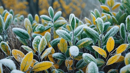 Obraz premium Frosted foliage with vibrant green and yellow leaves captured in macro detail showcasing the beauty of winter's touch on nature's palette.