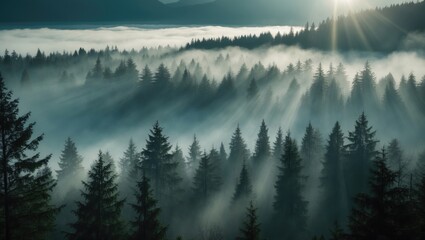 Obraz premium Majestic Foggy Evergreen Forest with Sun Rays Casting Dreamlike Silhouettes in an Atmospheric Landscape Nature Fantasy Scene