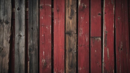 Fototapeta premium Vintage distressed wooden boards in dark red and black hues creating a textured rustic background for design projects.