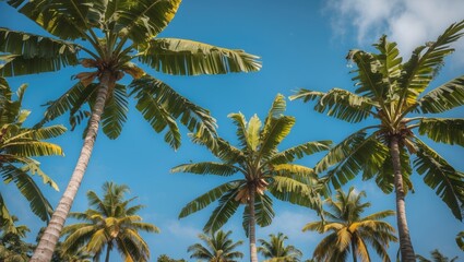Fototapeta premium Tropical Banana Trees Against Clear Blue Sky Providing Ample Space for Text and Creative Designs