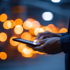 person using smartphone at night with bokeh lights