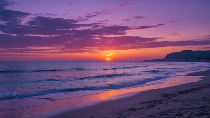 Twilight Serenity at the Beach: Vibrant Purple Sky and Sunset Reflecting on Calm Sea Waves at Dusk