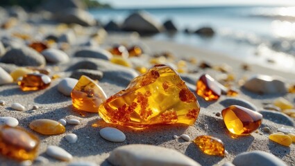 Baltic Amber Jewels Displayed on Sandy Beach with Glimmering Ocean in Background Under Bright Summer Sunlight