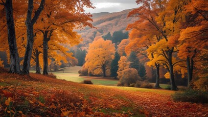 Fototapeta premium Vibrant autumn landscape showcasing colorful foliage and serene natural beauty in a tranquil setting during the October season.