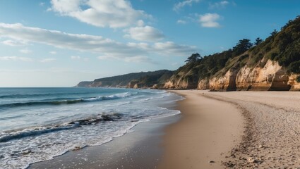 Scenic Beach Landscape with Calm Waves and Coastal Cliffs Providing Space for Text and Creative Designs