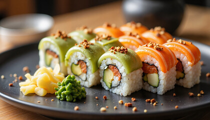 A plate of assorted sushi rolls with various toppings and garnishes
