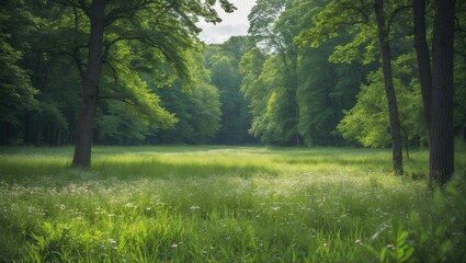 Fototapeta premium Serene Green Meadow Surrounded By Lush Forest Vegetation With Clear Space For Text In A Fairy Tale Summer Landscape