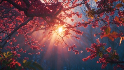 Fototapeta premium Morning sunlight filtering through vibrant branches creating a serene atmosphere with ample space for text or graphics in a tranquil forest scene