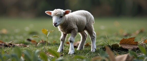 Obraz premium Playful Baby Lamb Grazing on Fresh Grass with Empty Space for Text or Branding in a Serene Natural Setting