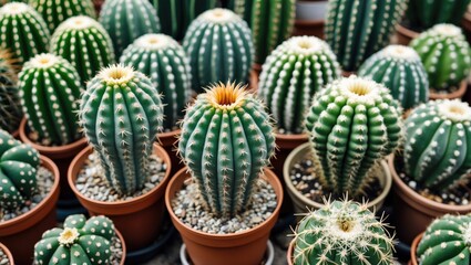 Variety of Vibrant Green Cacti Displayed in Flower Pots with Distinctive Spines and Textures.