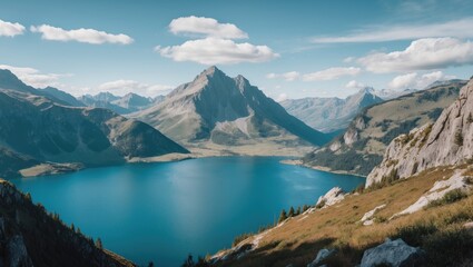 Obraz premium Scenic Mountain Landscape with Serene Lake and Clear Blue Sky Featuring Ample Empty Space for Text or Graphics