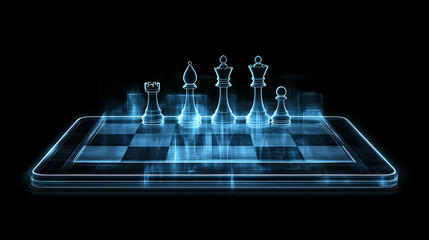 Digital Chessboard Displaying Chess Pieces with Futuristic and Abstract Holographic Design Style