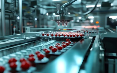 Obraz premium A modern automated production line showcasing technological advancements in the manufacturing sector, featuring robotic arms efficiently handling red containers on a conveyor belt.
