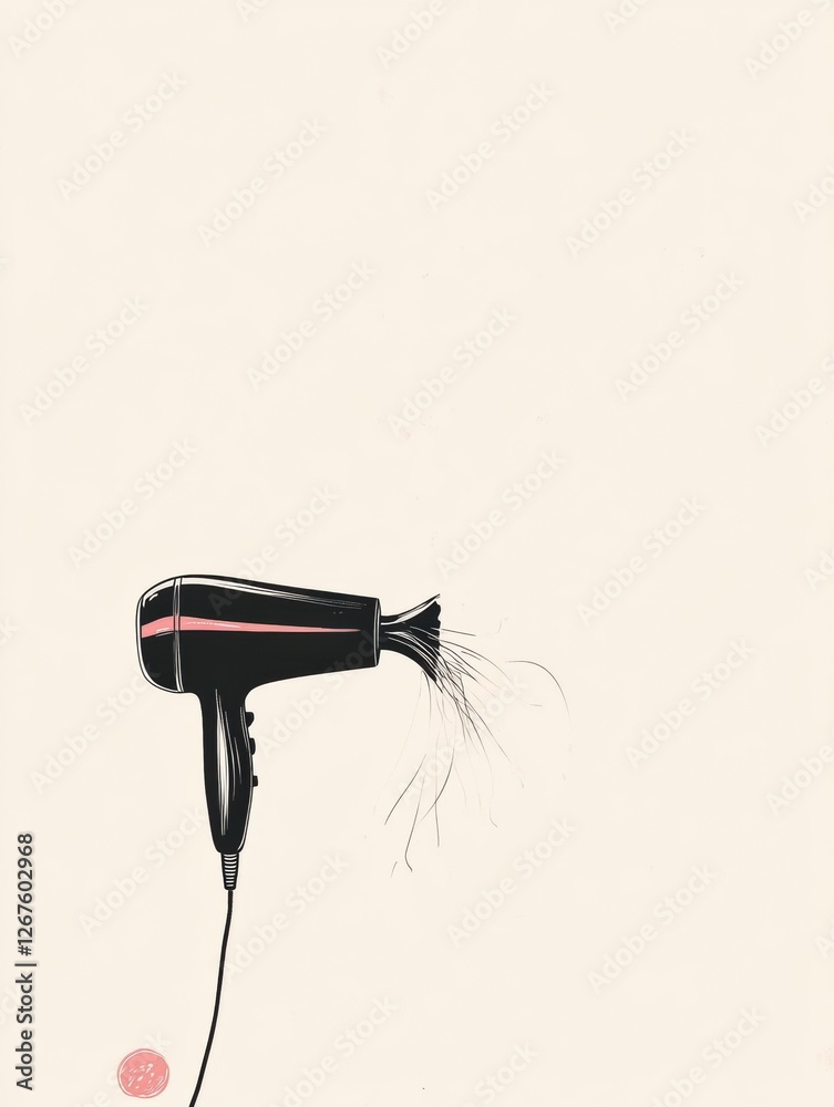 Poster hair dryer with strands of hair against a light background showcasing modern design and functionalit
