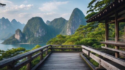 Fototapeta premium Serene Viewpoint of Noen Sawan in National Park Surrounded by Lush Mountains and Tranquil Waters with Space for Text Overlay