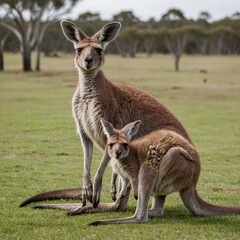 Fototapeta premium A kangaroo with a baby joey peeking from its pouch, clear white background.