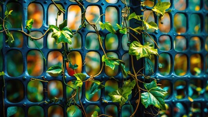 Decorative metal grille adorned with green vines and leaves against a mesmerizing blurred background showcasing vibrant nature elements.
