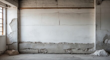 Interior of an abandoned building featuring cracked and peeling plaster walls with visible texture and concrete floor, ample Copy Space.