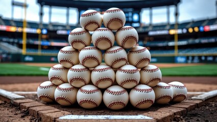 Baseballs Arranged in a Pyramid Formation at Home Plate Ready for a Baseball Game on a Sunlit Field