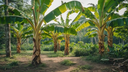Banana Trees in Lush Green Tropical Setting with Clear Space for Text Overlay and Natural Lighting