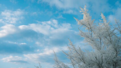 Obraz premium Serene light blue sky with white wispy clouds and delicate frosty branches creating a tranquil winter atmosphere.