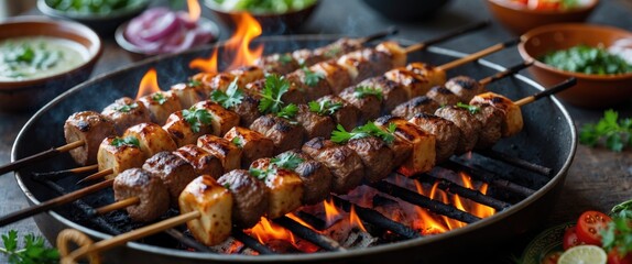Grilled Shish Kebab with Fire and Vegetables in Background Traditional Barbecue Cooking Scene with Space for Text