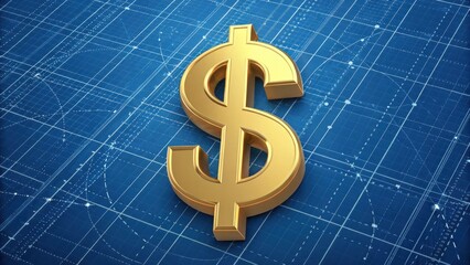 Golden dollar sign on a blue blueprint background, symbolizing finance and wealth.