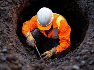 Construction worker digging in hole.