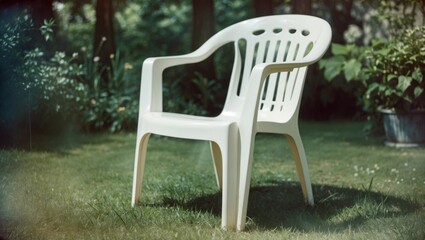 Plastic garden chair on grass surrounded by greenery blurred background with sunlight reflecting off the surface Copy Space