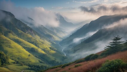 Obraz premium Serene Misty Mountain Valley with Lush Greenery in a Nature Reserve Under Soft Cloud Cover