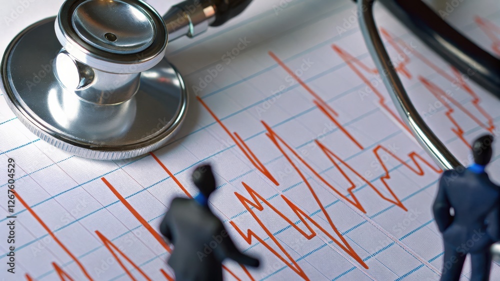 Aufkleber stethoscope and miniature figures analyzing an ecg chart.