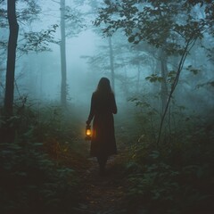 Fototapeta premium Enchanting Forest Path with Lantern and Misty Atmosphere