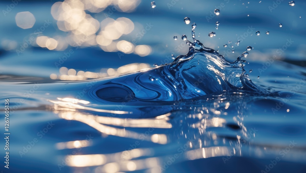Poster closeup of shimmering blue water surface with ripples and splashes creating a dynamic abstract backg