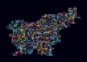 Slovenia, shape of the country build of colored cells. Digital style map of the Slovenia on dark background. Small size rounded square blocks. Awesome vector illustration.